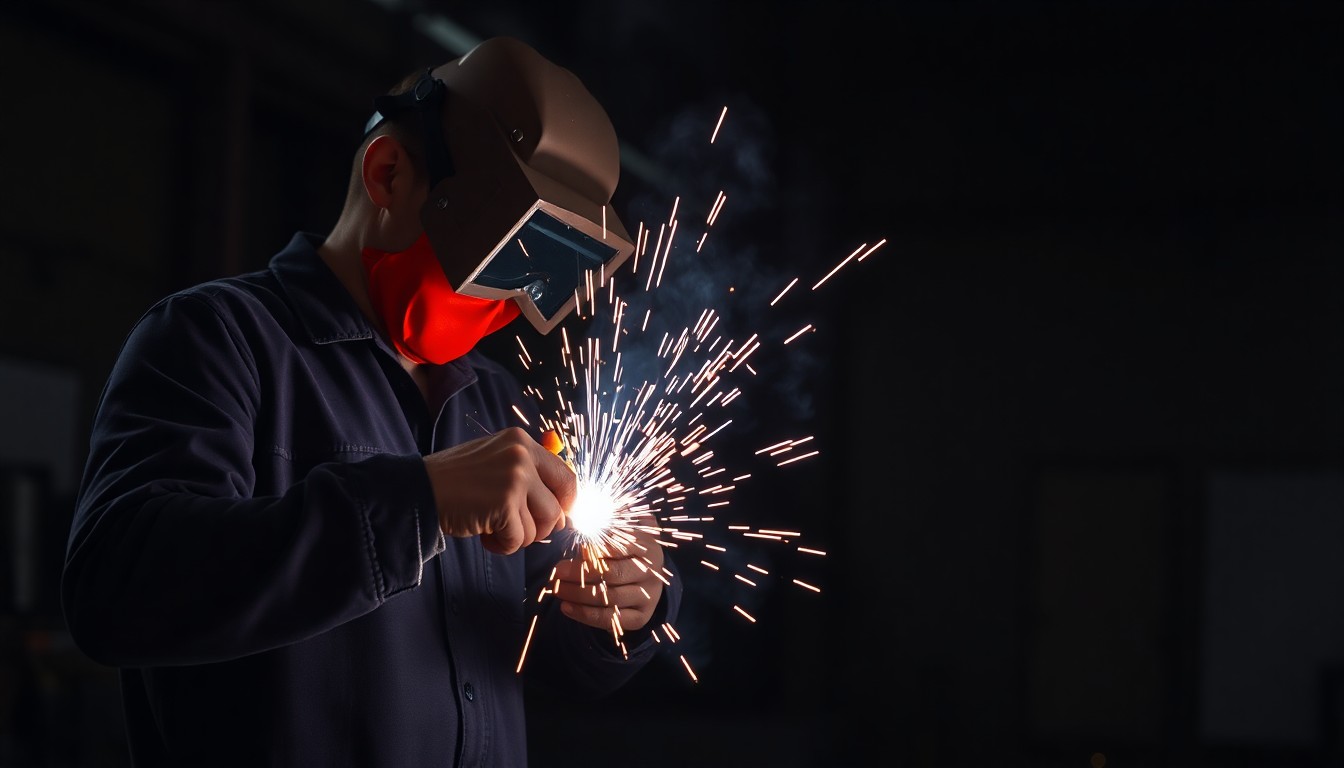 Soudeur au travail, gerbe d'étincelles